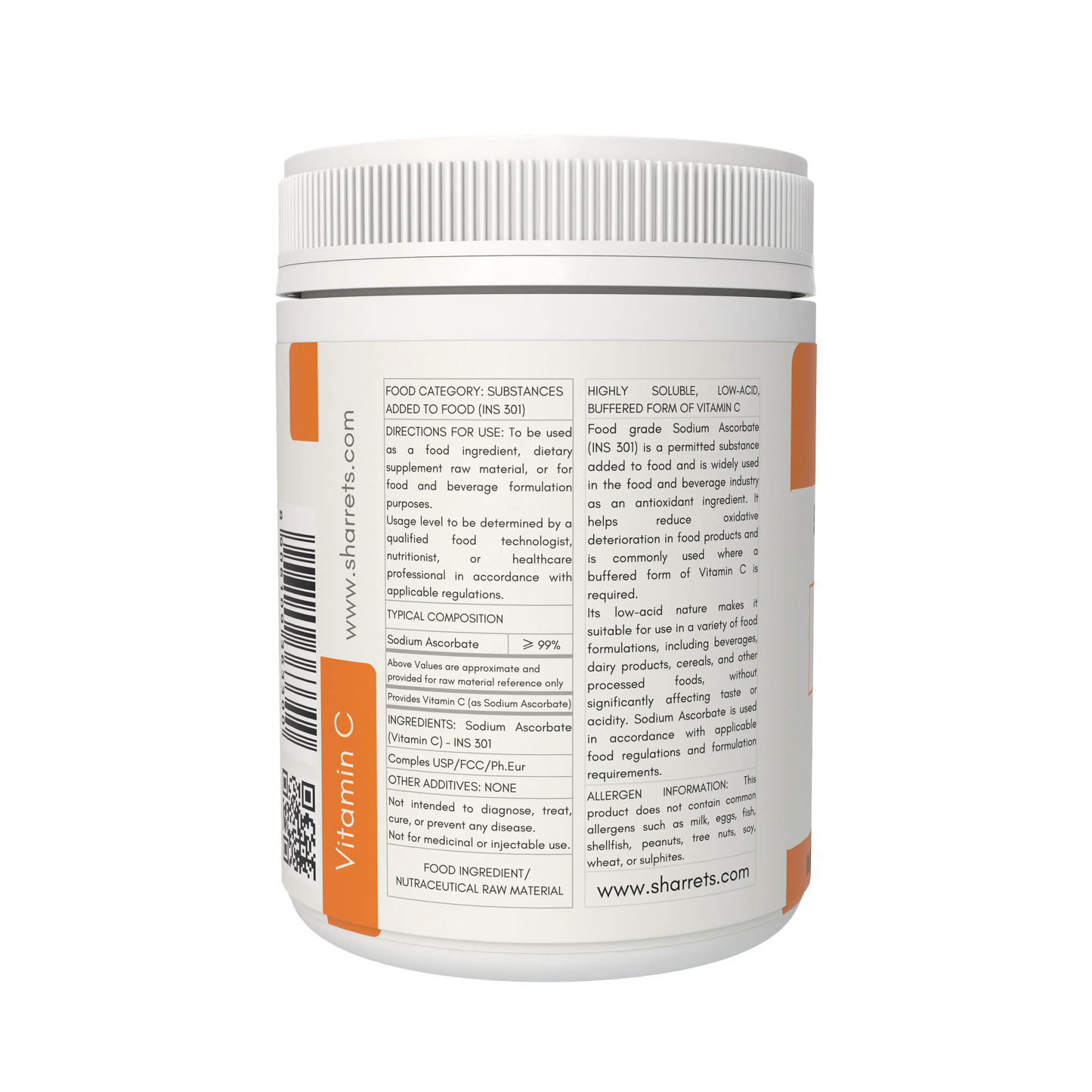 Sodium Ascorbate Vitamin C Powder USP Food Grade Supplement Facts and Ingredients