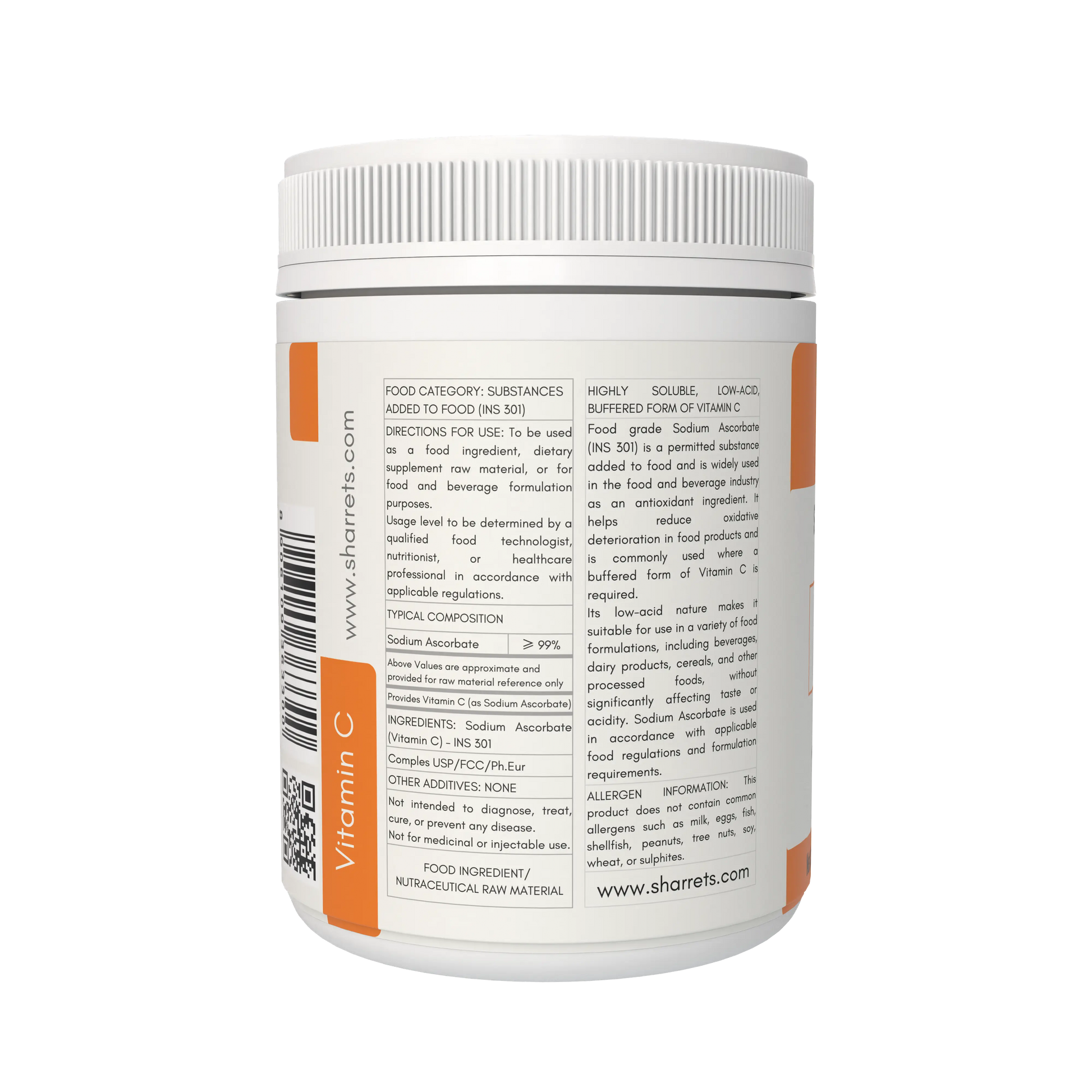 Sodium Ascorbate Vitamin C Powder USP Food Grade Supplement Facts and Ingredients