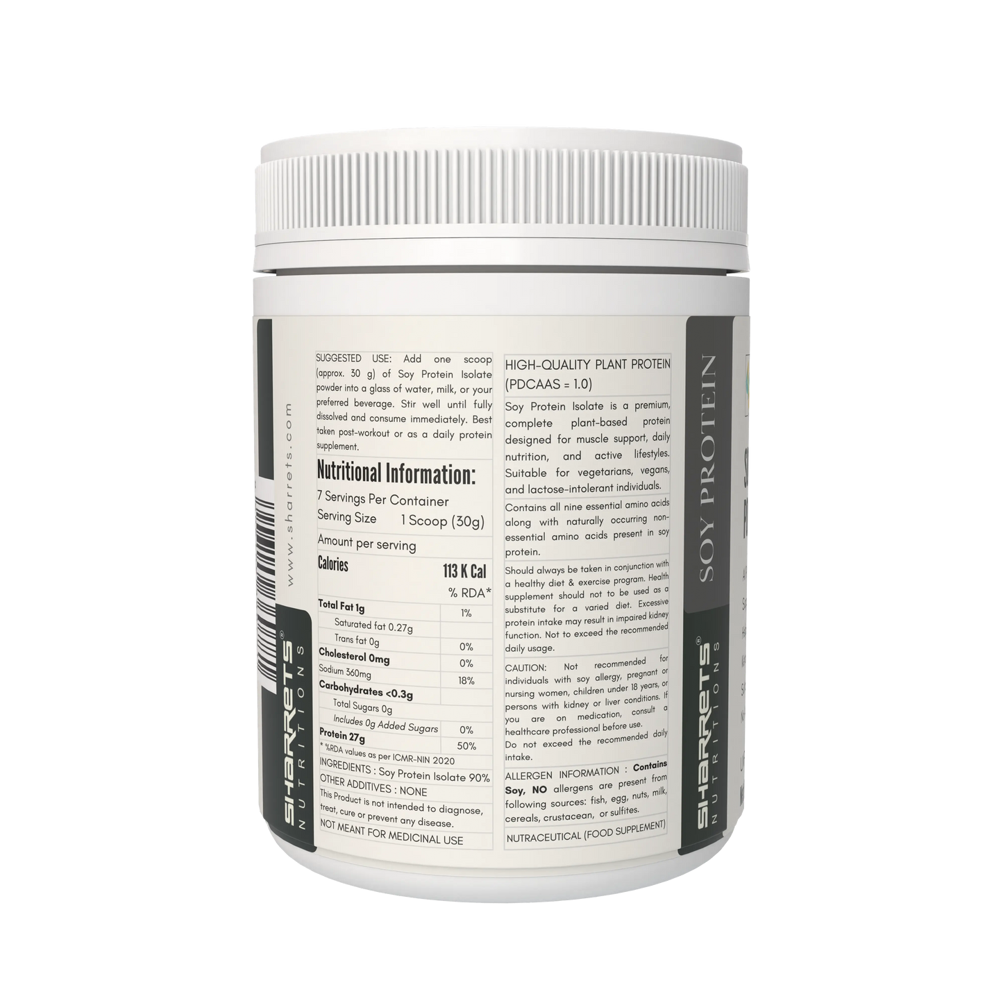 Sharrets Soy protein container with nutritional information label on a white background