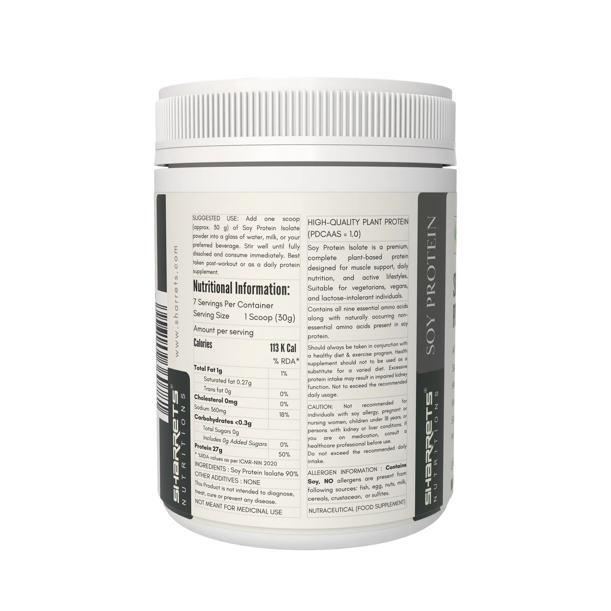 Sharrets Soy protein container with nutritional information label on a white background