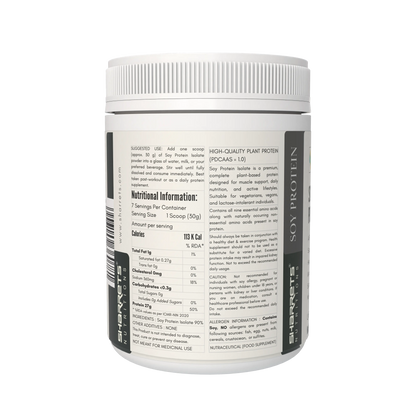 Sharrets Soy protein container with nutritional information label on a white background