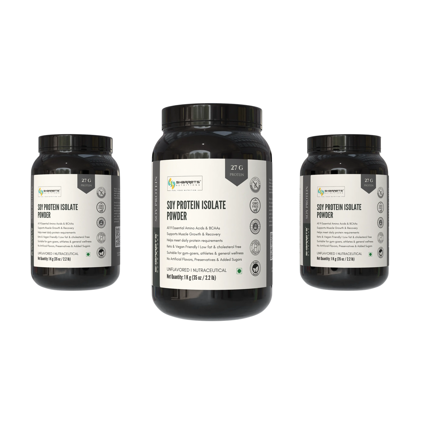 Soy protein isolate 90 percent powder unflavored 1kg combo pack 3 jars plant protein supplement by Sharrets Nutritions