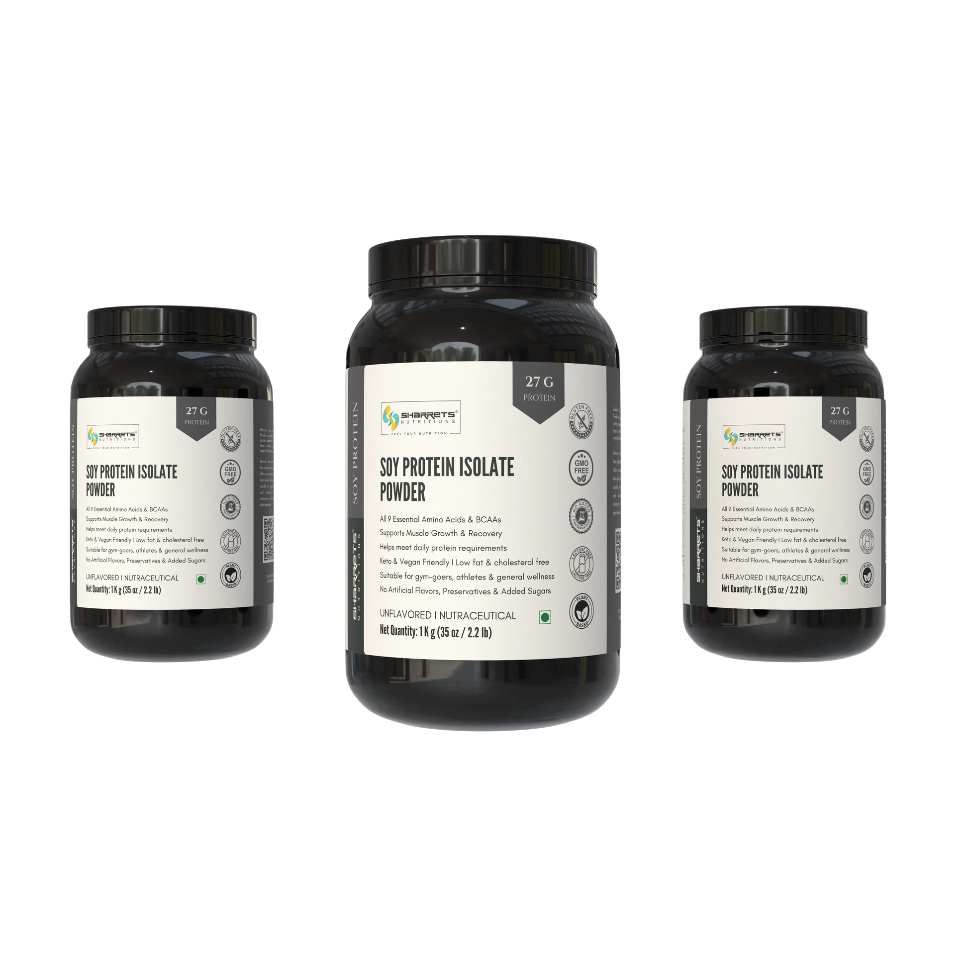 Soy protein isolate 90 percent powder unflavored 1kg combo pack 3 jars plant protein supplement by Sharrets Nutritions