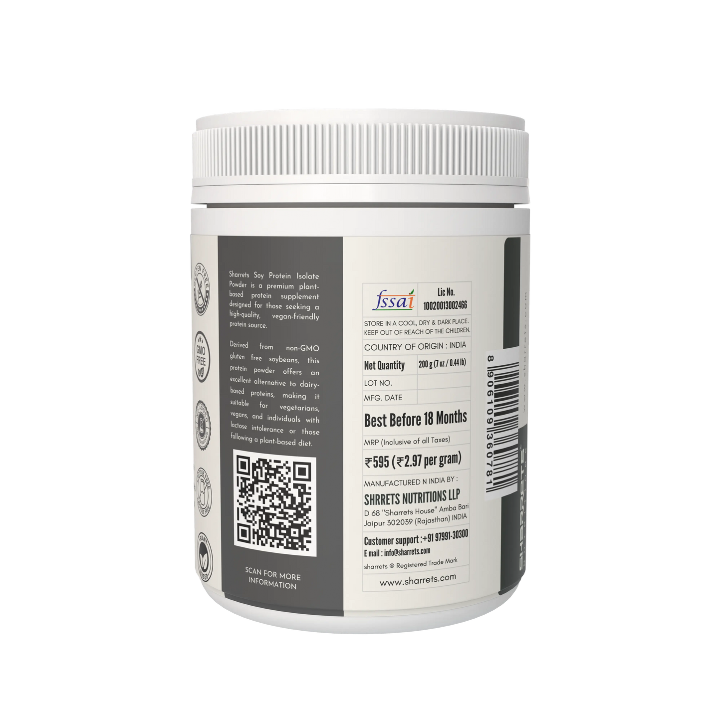 Back label of a supplement container with text and QR code on a white background - Sharrets Soy Protein Isolate Powder-Premium Plant Based Protein Supplement