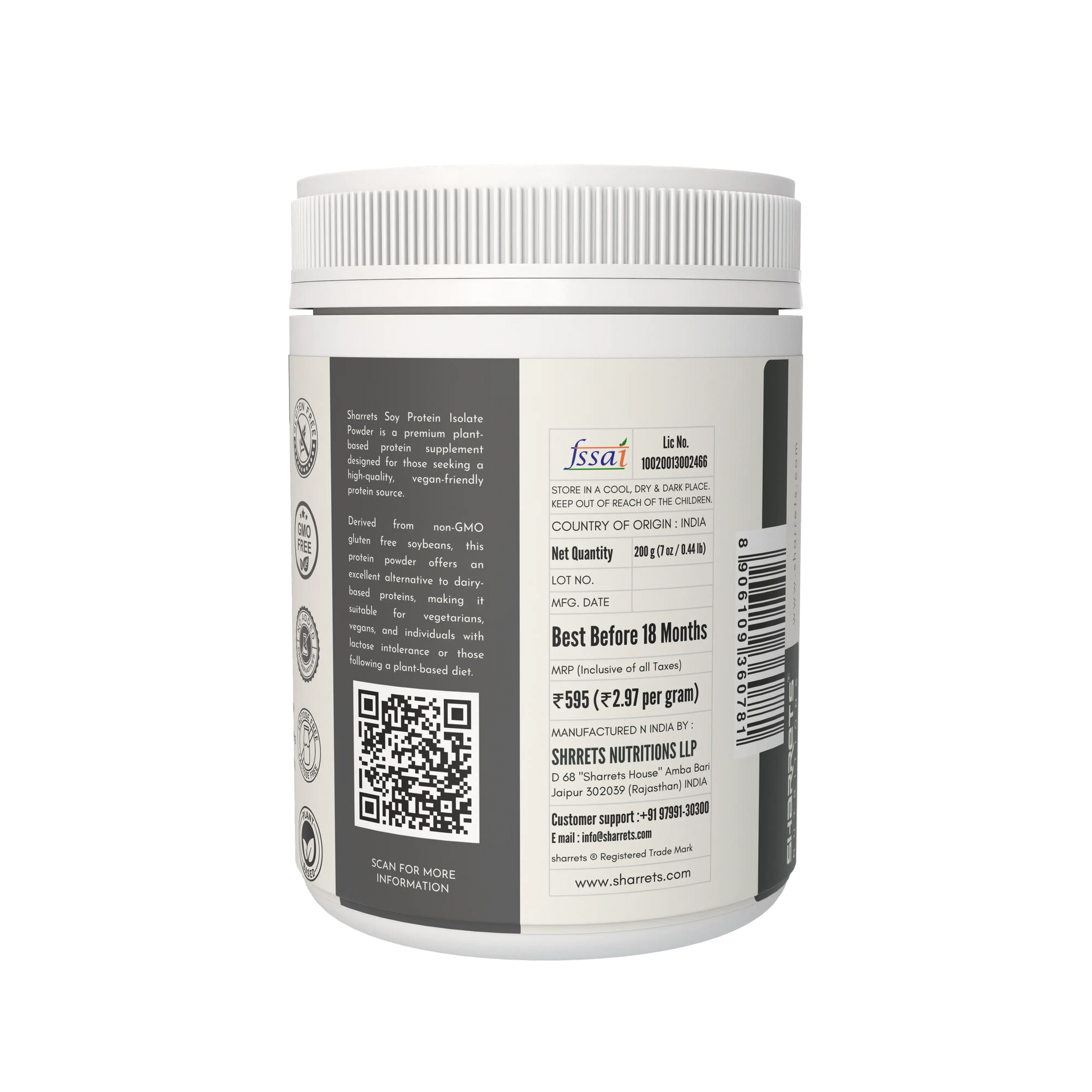 Back label of a supplement container with text and QR code on a white background - Sharrets Soy Protein Isolate Powder-Premium Plant Based Protein Supplement