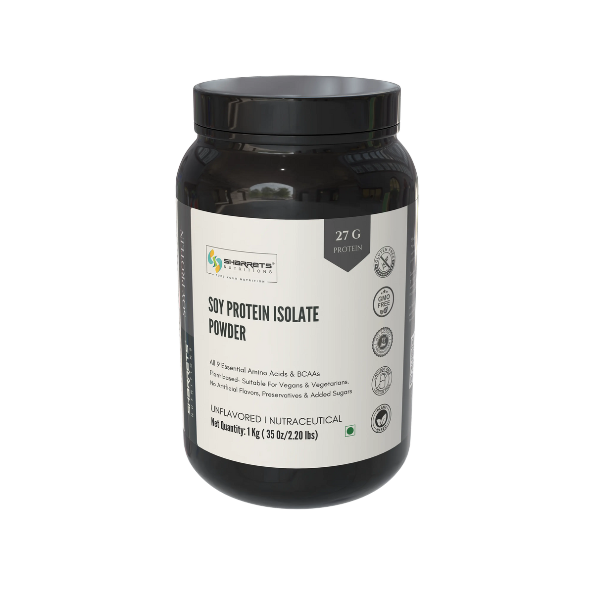 Sharrets Soy Protein Isolate Powder 1kg front pack with 27g protein per serving