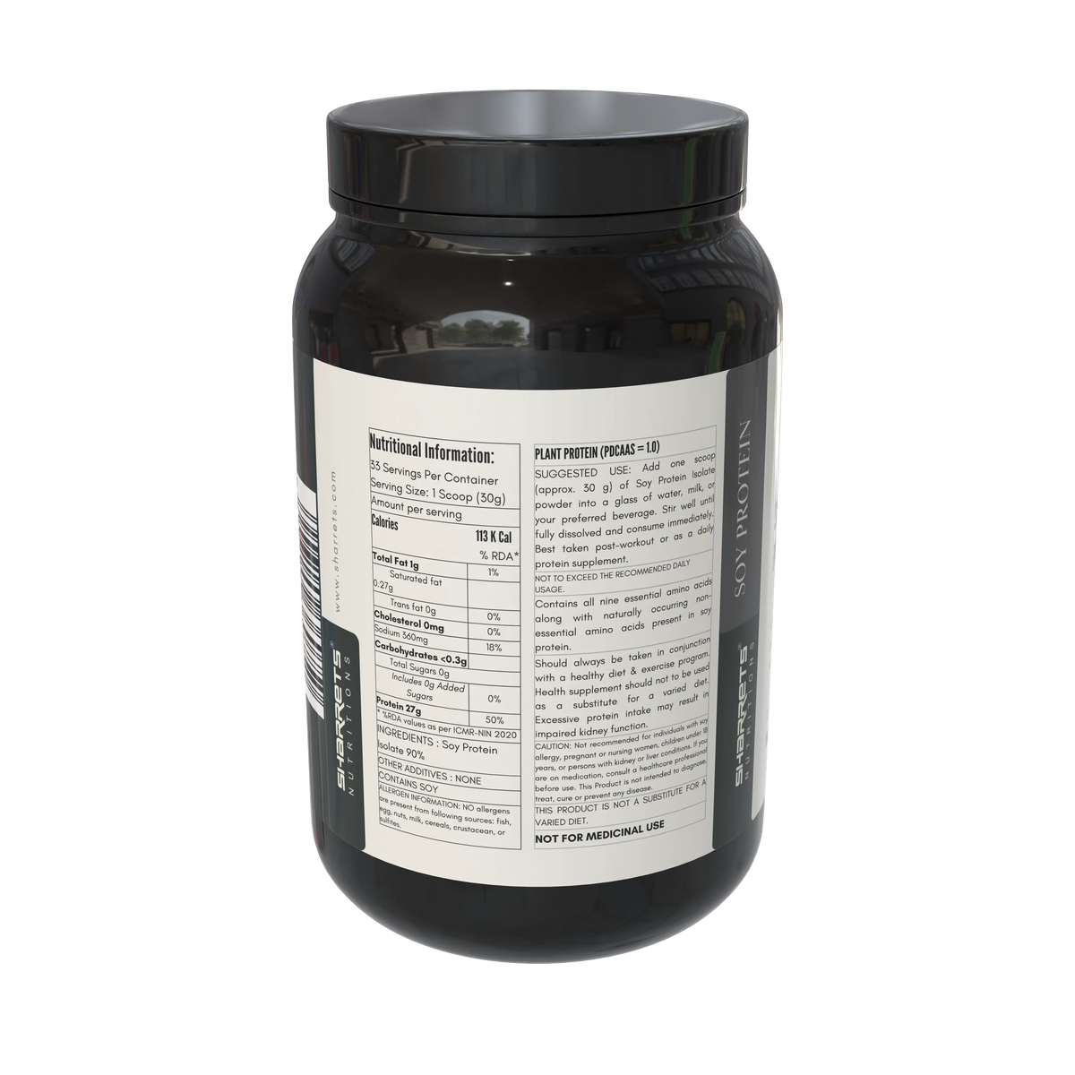 Sharrets Soy Protein Isolate Powder 1kg left-side pack showing nutritional information and recommended usage