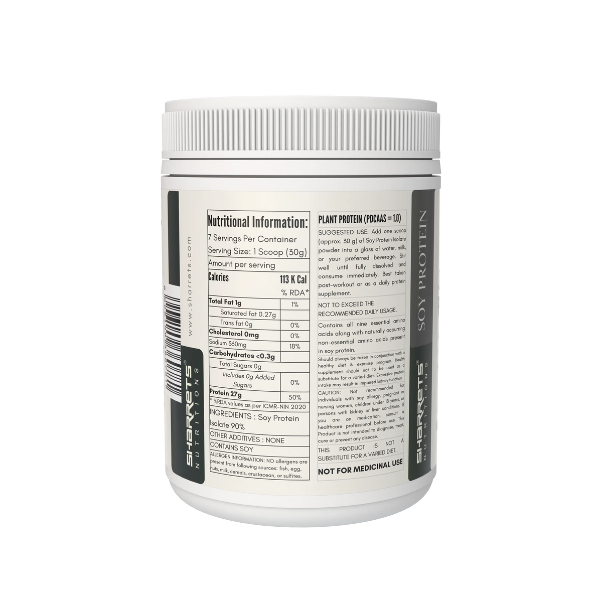 Sharrets Soy Protein Isolate Powder 200g left-side pack showing nutritional information and recommended usage