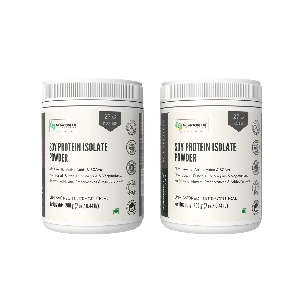 Two white plastic tubs of Sharrets  Nutritions Soy Protein Isolate Powder, 200g each, displayed side-by-side on a plain white background.