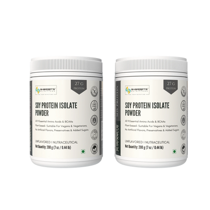 Two white plastic tubs of Sharrets  Nutritions Soy Protein Isolate Powder, 200g each, displayed side-by-side on a plain white background.