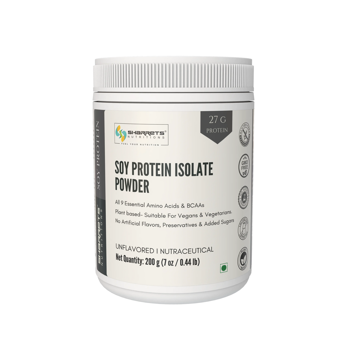 Sharrets Soy Protein Isolate Powder 200g front pack with 27g protein per serving