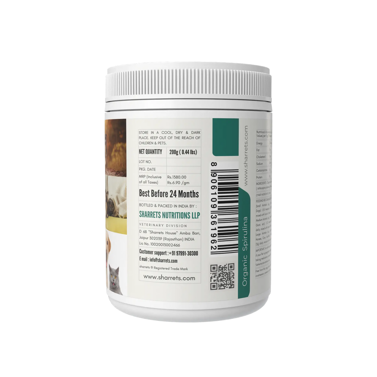 Organic spirulina powder for dogs cats and livestock showing side label and product details 200g pack