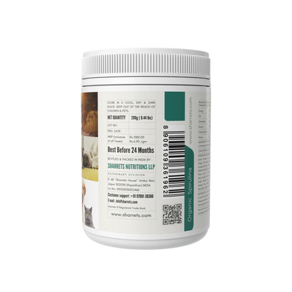 Organic spirulina powder for dogs cats and livestock showing side label and product details 200g pack
