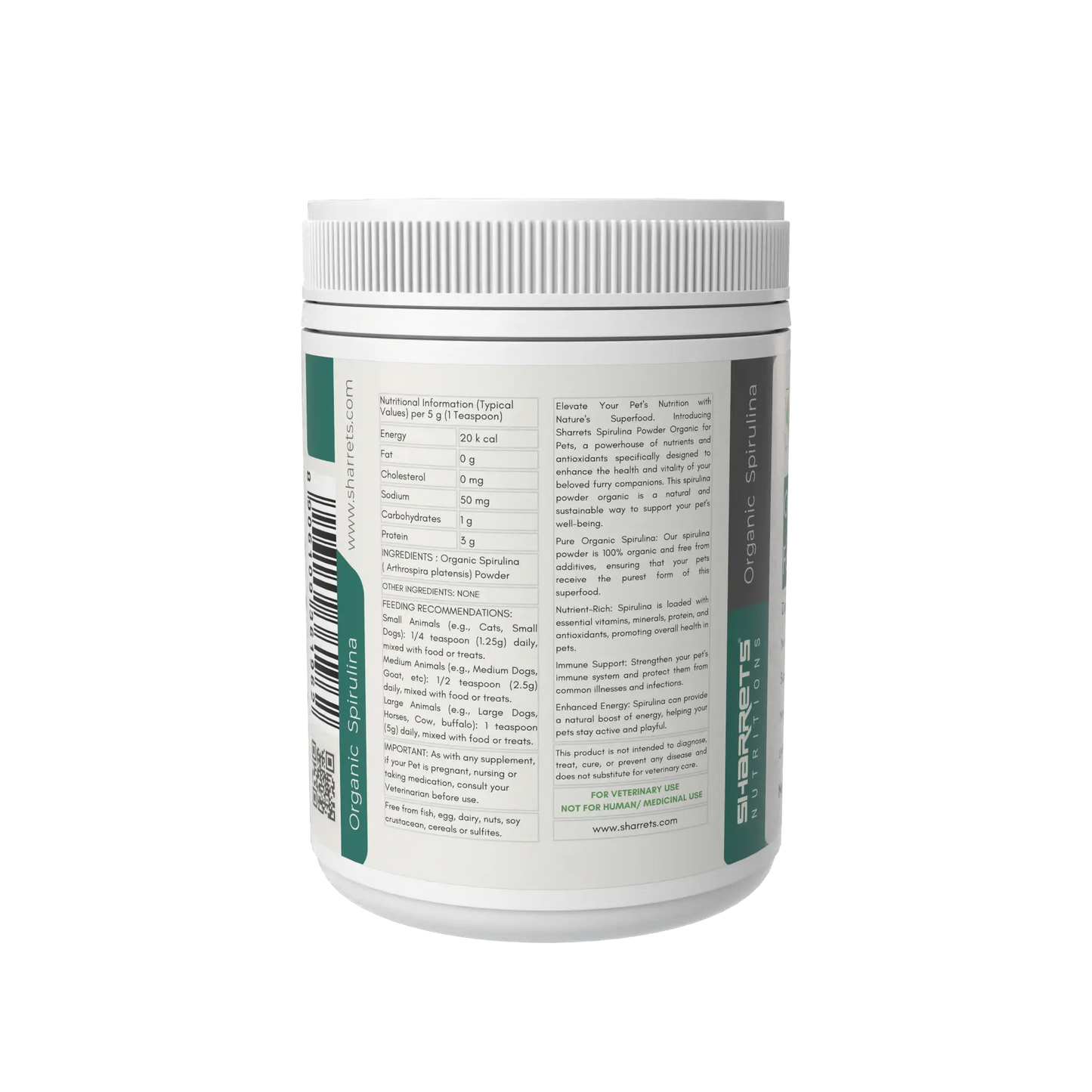 Side label of organic spirulina powder supplement 200g for dogs cats and livestock by Sharrets