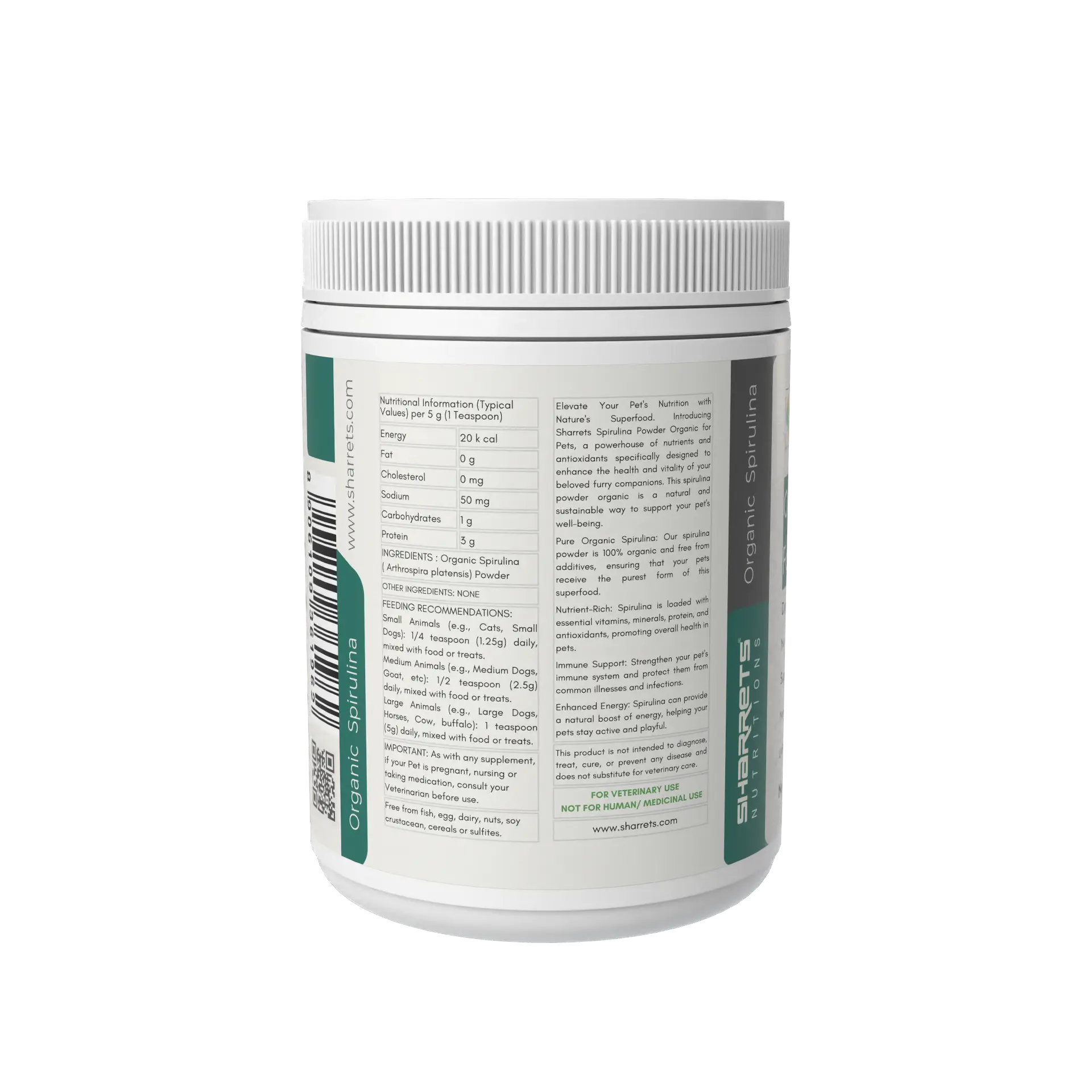Side label of organic spirulina powder supplement 200g for dogs cats and livestock by Sharrets