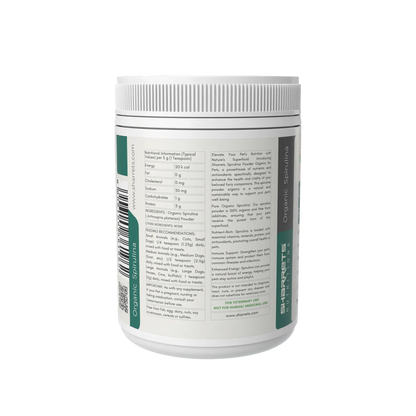 Side label of organic spirulina powder supplement 200g for dogs cats and livestock by Sharrets