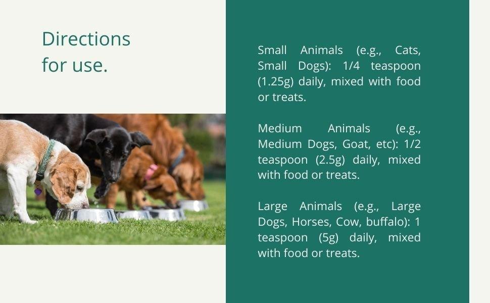 Organic spirulina powder feeding directions for dogs cats and livestock showing daily dosage guide