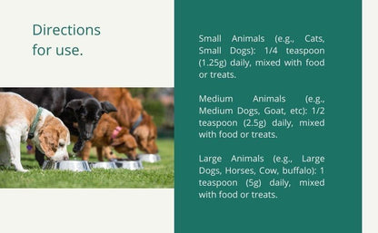 Organic spirulina powder feeding directions for dogs cats and livestock showing daily dosage guide