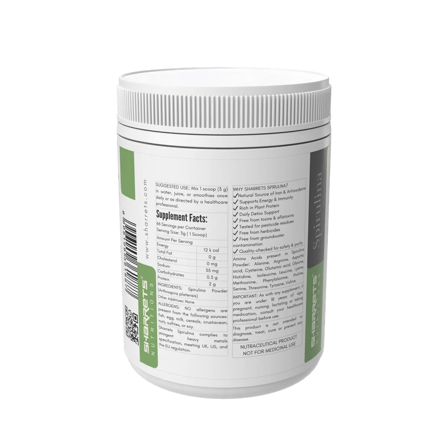 Spirulina powder supplement 200g high protein superfood with 60 to 70 percent plant protein by Sharrets Nutritions