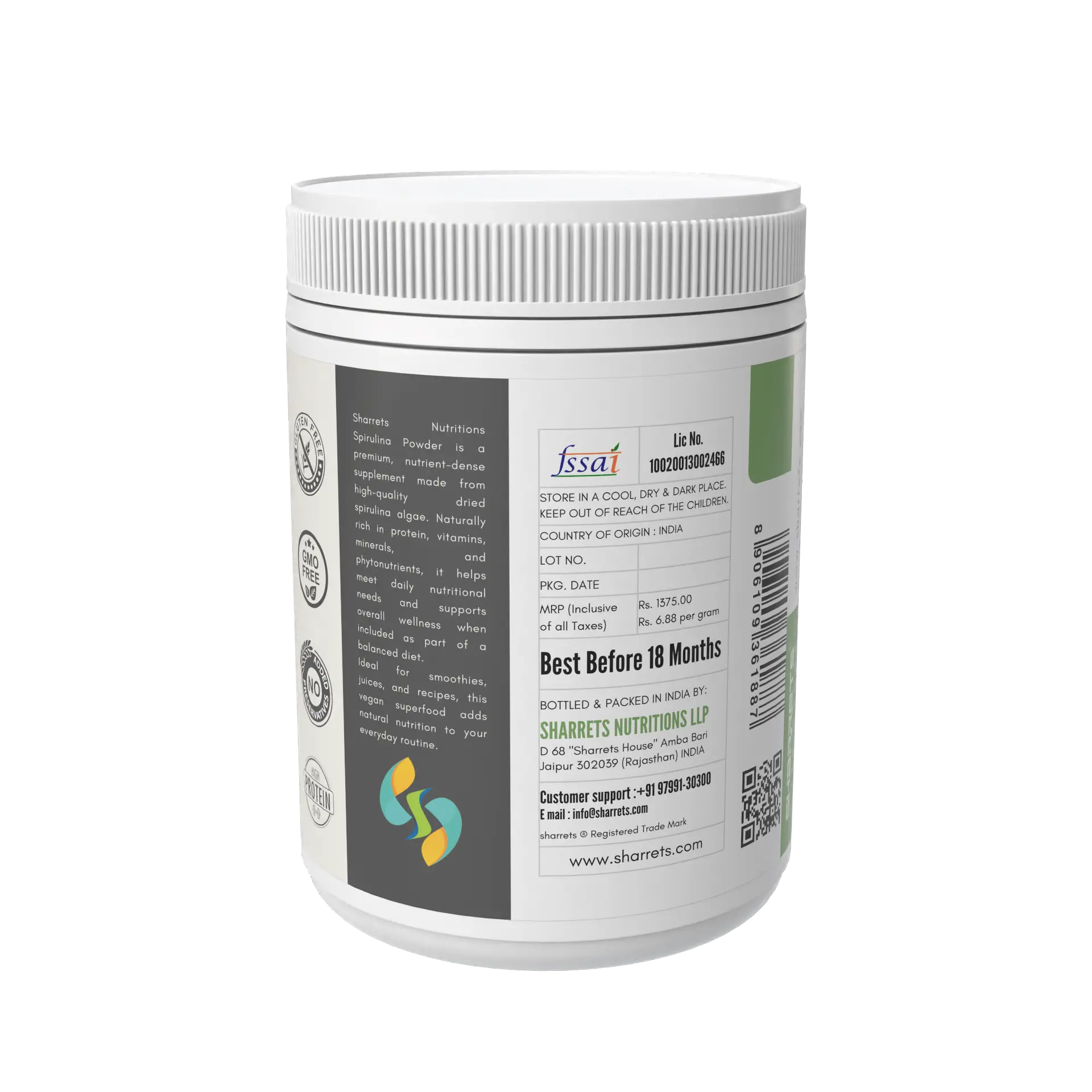 Back view of a supplement container with label details on a white background- Sharrets Spirulina Powder Supplement - 200g