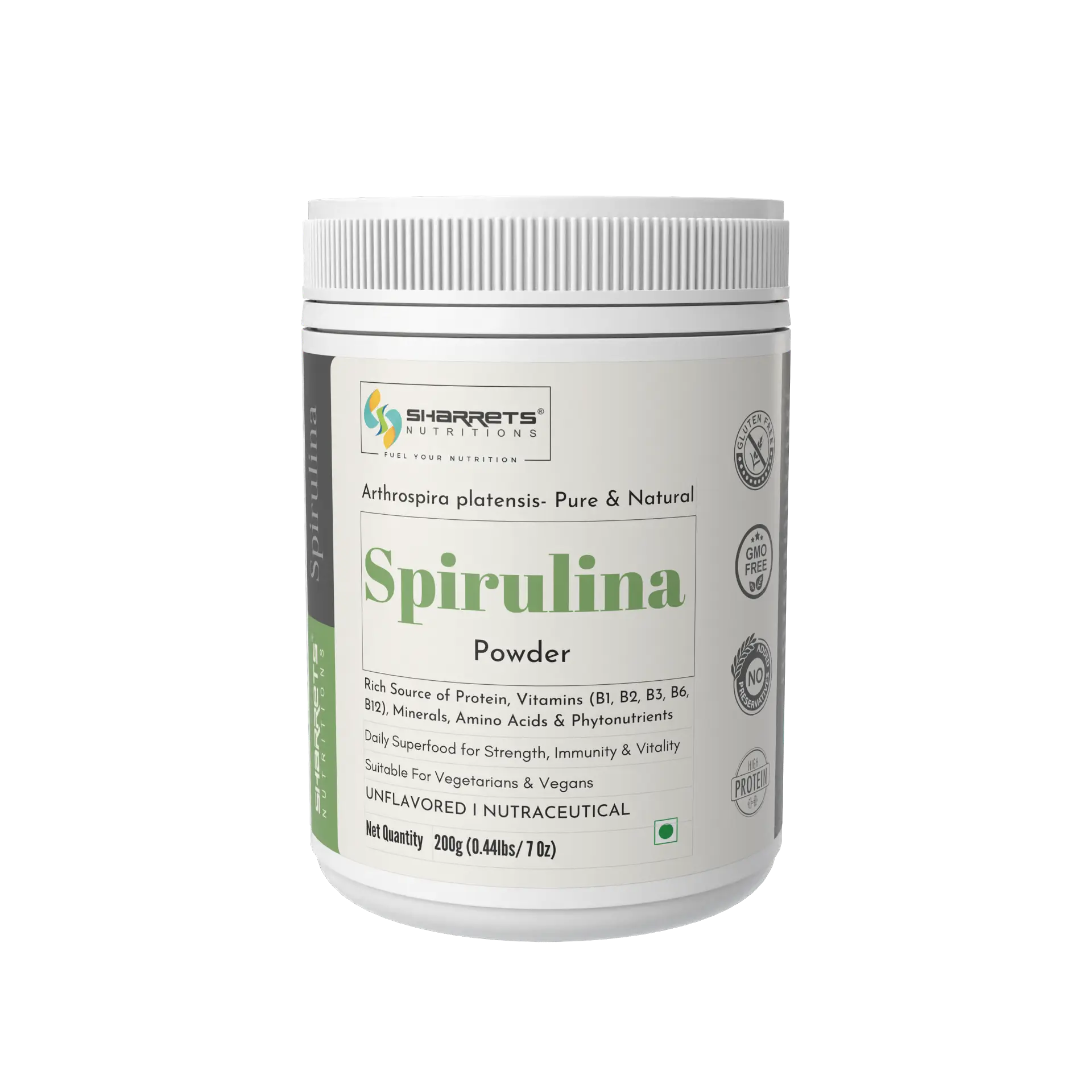 Spirulina powder supplement 200g high protein superfood with 60 to 70 percent plant protein by Sharrets Nutritions