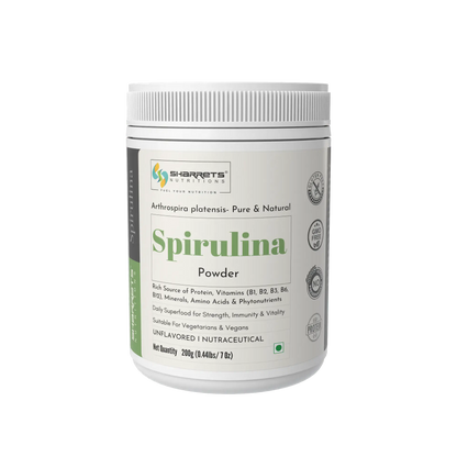 Spirulina powder supplement 200g high protein superfood with 60 to 70 percent plant protein by Sharrets Nutritions