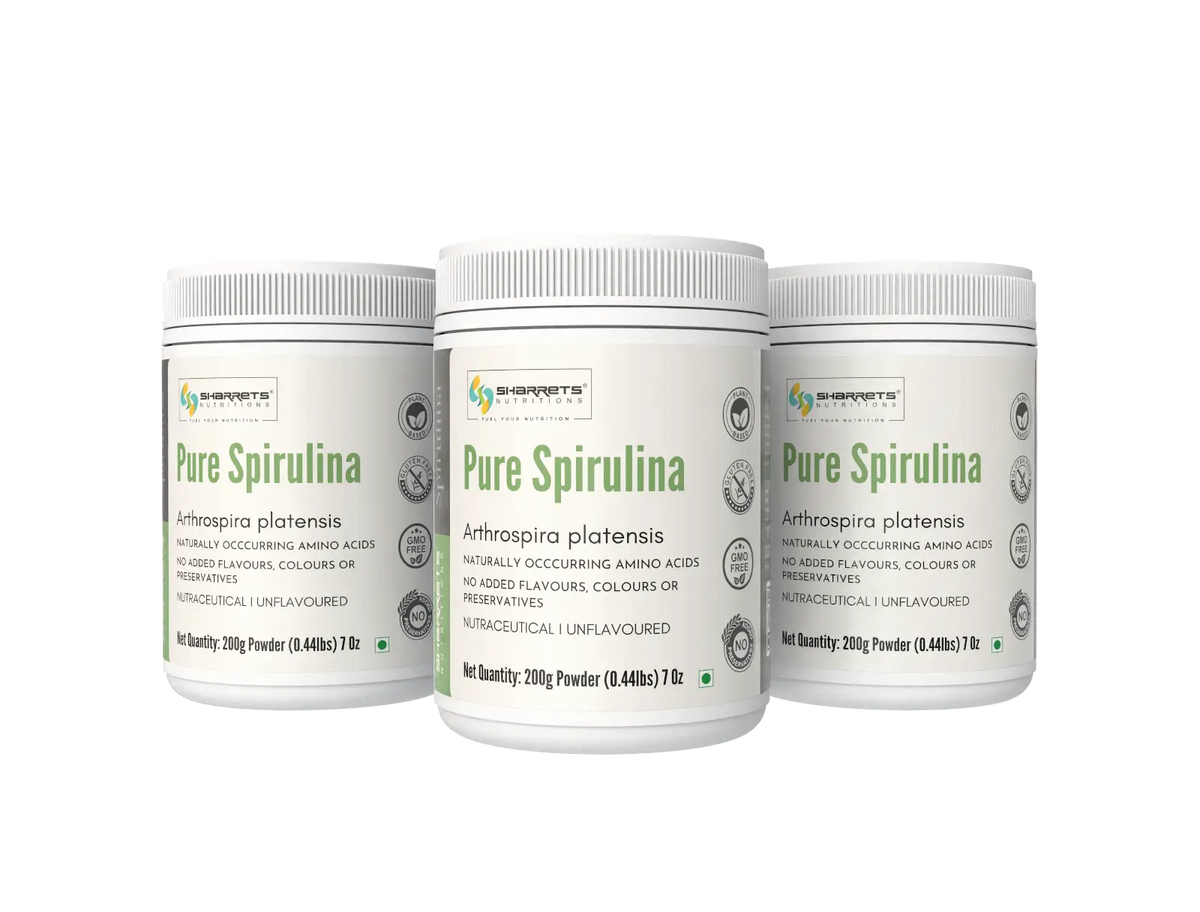 Sharrets Pure Spirulina Powder 200g three-pack featuring unflavoured Arthrospira platensis spirulina powder