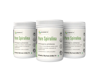 Sharrets Pure Spirulina Powder 200g three-pack featuring unflavoured Arthrospira platensis spirulina powder