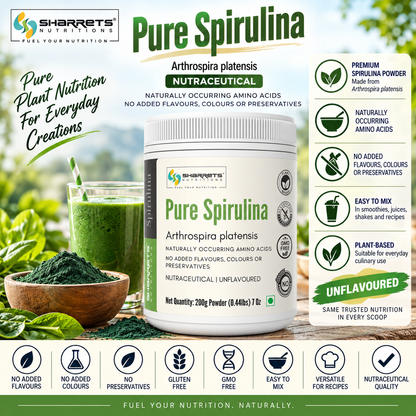 Sharrets Pure Spirulina Powder 200g made from Arthrospira platensis with naturally occurring amino acids and no added flavours colours or preservatives
