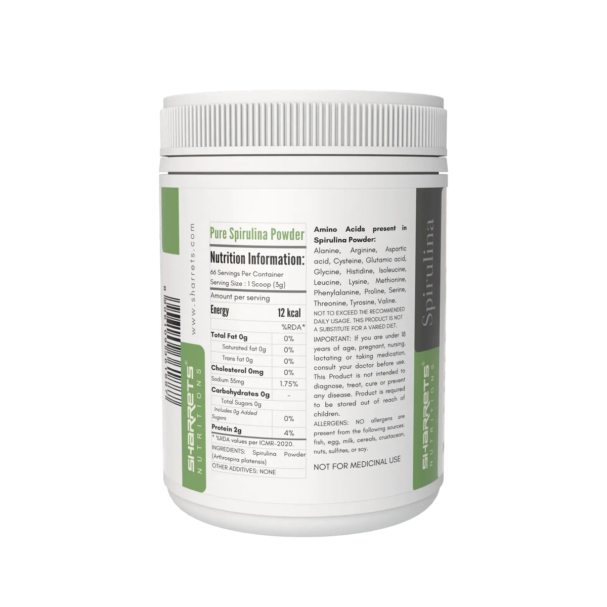 Sharrets Pure Spirulina Powder 200g nutrition information ingredients and amino acid profile