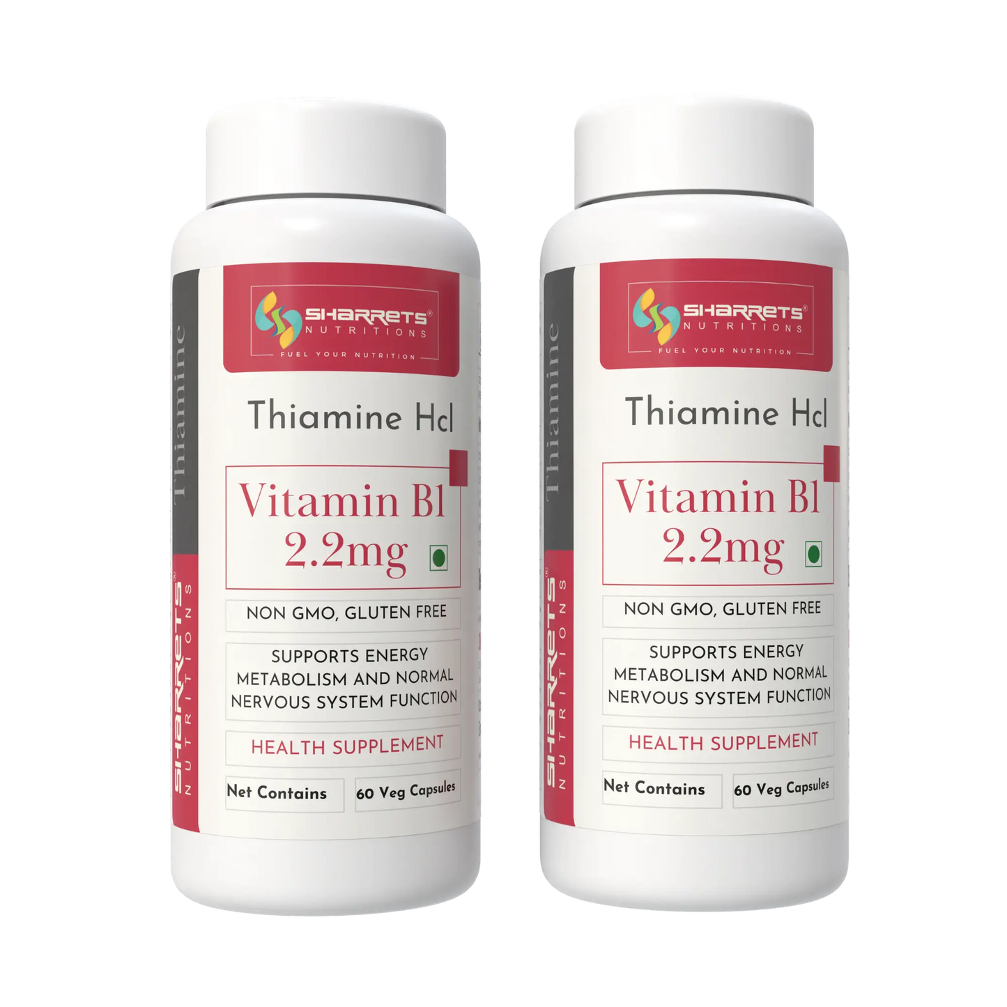 Two bottles of Sharrets Thiamine Hcl Vitamin B1 2.2mg on a white background