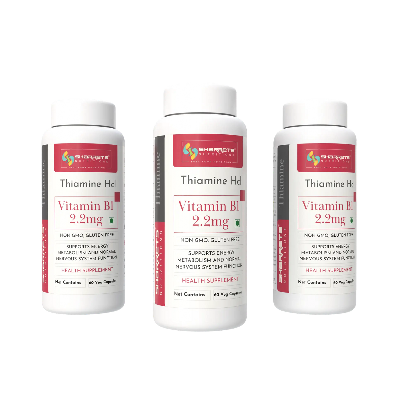 Three bottles of Sharrets Thiamine Vitamin B1 2.2mg on a white background