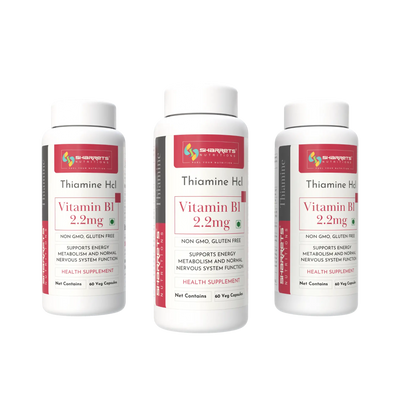 Three bottles of Sharrets Thiamine Vitamin B1 2.2mg on a white background