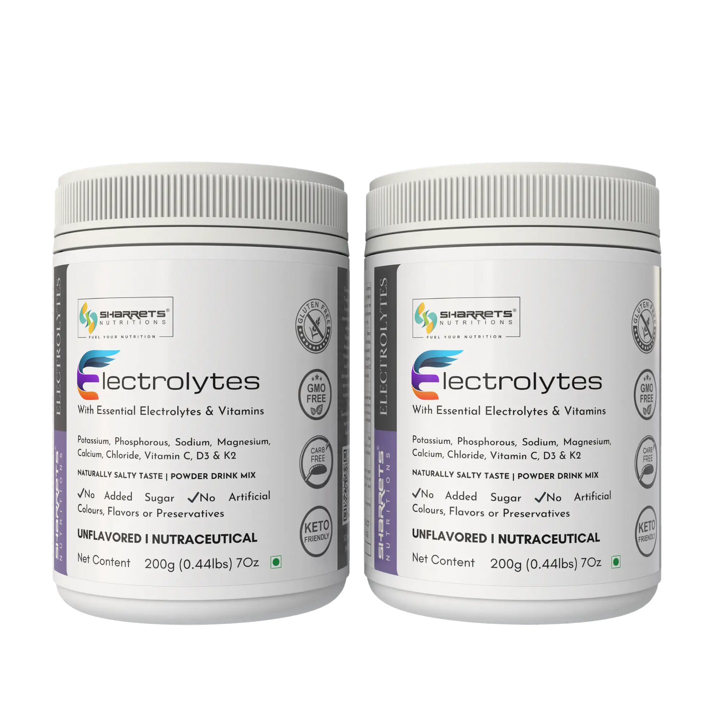 Two containers of Sharrets Unflavored Electrolytes powder with essential electrolytes and vitamins on a white background.