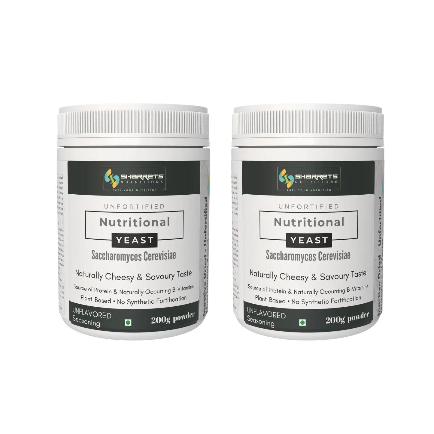 Two containers of sharrets unfortified Nutritional Yeast on a white background