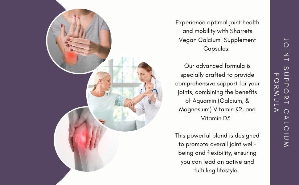 Plant based vegan calcium supplement with Aquamin red algae calcium magnesium vitamin D3 and K2 supporting joint health bone strength and mobility by Sharrets Nutritions