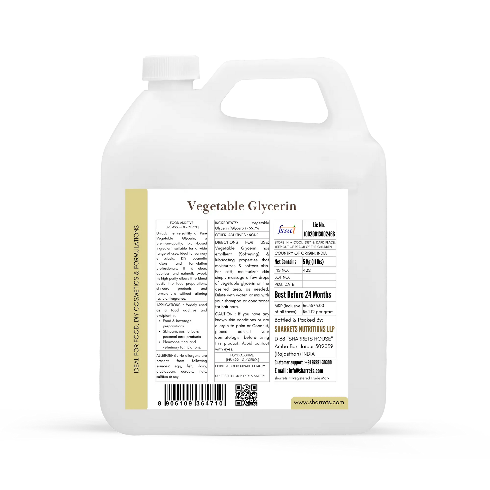 Vegetable glycerin 5 kg food grade jerry can bottle label with product information barcode and FSSAI license