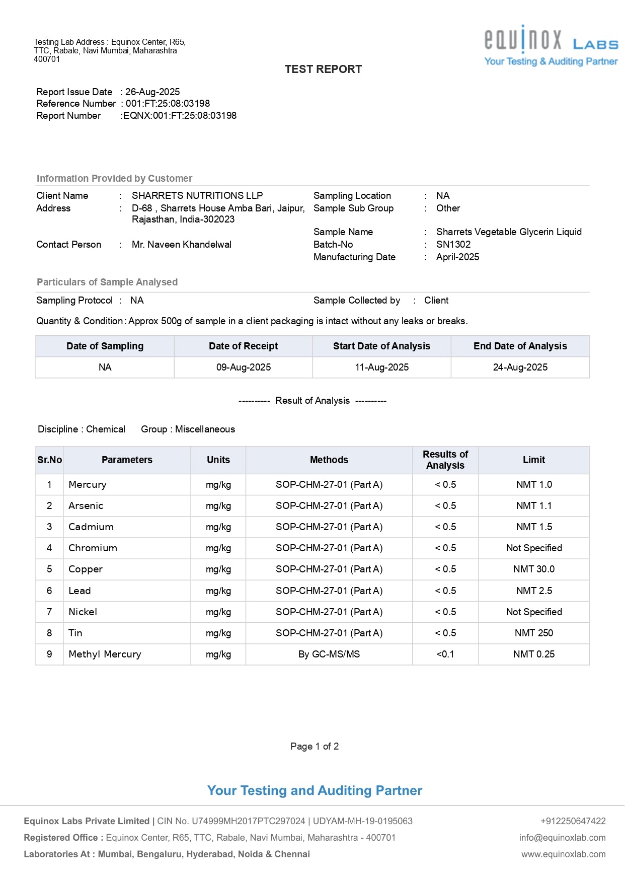 Vegetable glycerin lab test report showing heavy metals analysis for food grade purity
