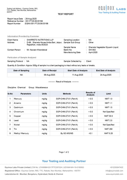 Vegetable glycerin lab test report showing heavy metals analysis for food grade purity