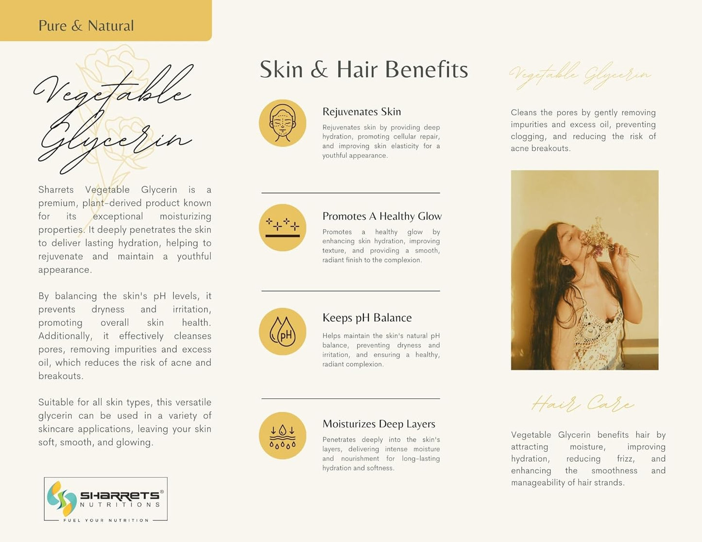 Brochure or flyer about Vegetable Glycerin with text and images on skin and hair benefits.