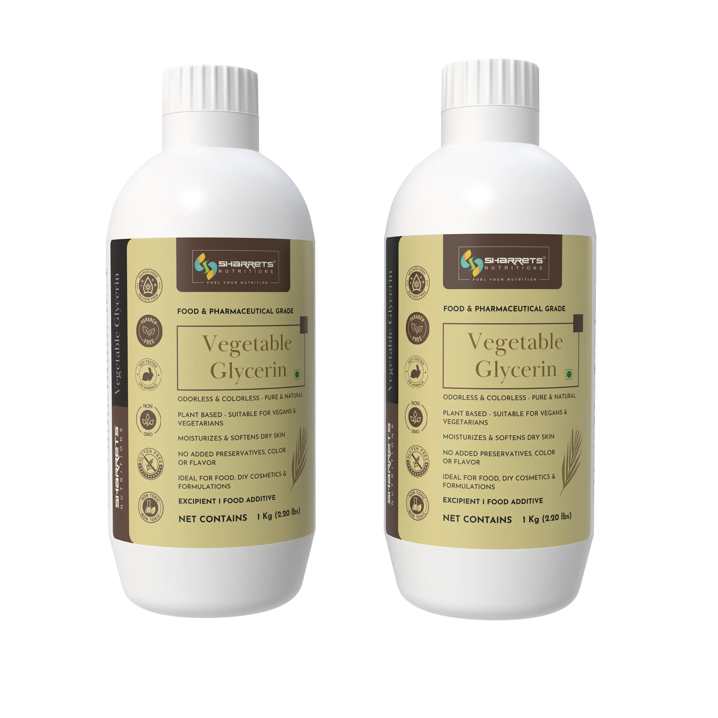 Two bottles of sharrets Vegetable Glycerin with labels on a white background - 1kg x 2
