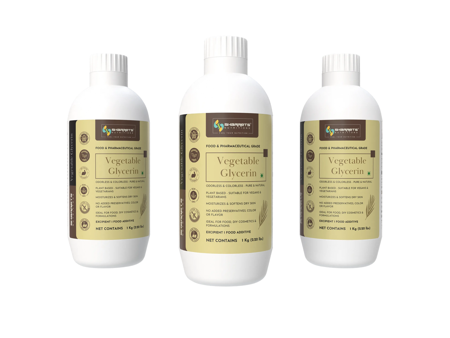 Three bottles of sharrets Vegetable Glycerin 1 kg each with labels on a white background