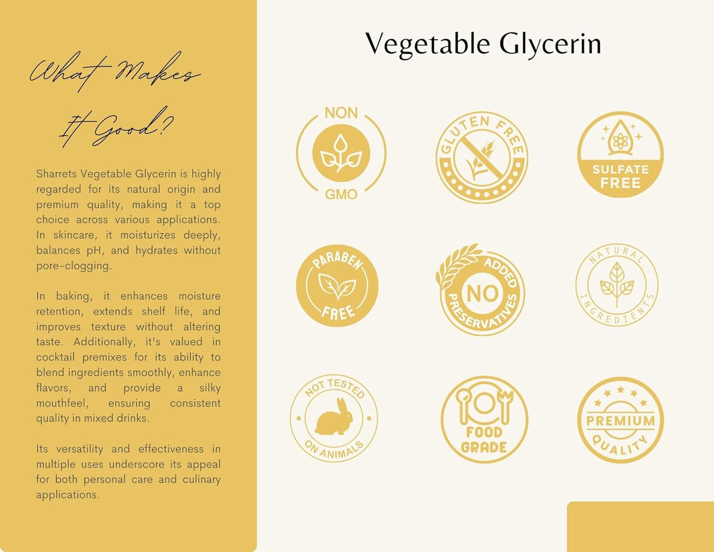 Informational graphic about Vegetable Glycerin with certification icons on a yellow background.