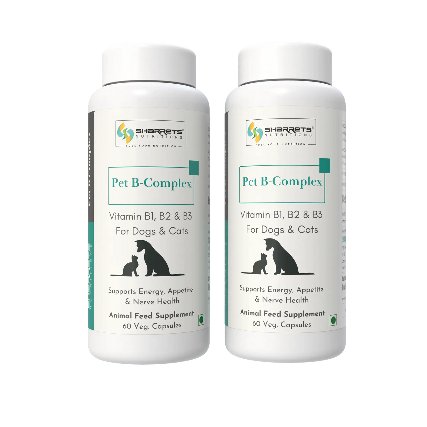 Two bottles of Sharrets Pet B-Complex supplement for dogs and cats on a white background.