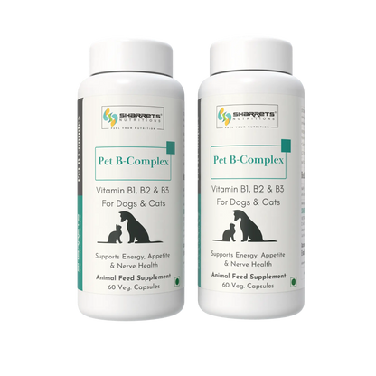 Two bottles of Sharrets Pet B-Complex supplement for dogs and cats on a white background.