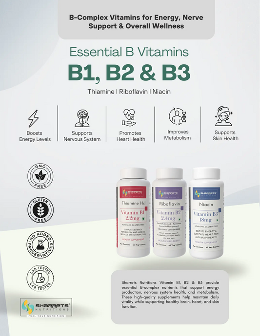 Three bottles of B-complex vitamins - Vitamin B1 B2 B3 Capsules – Thiamine, Riboflavin & Niacin Supplement
