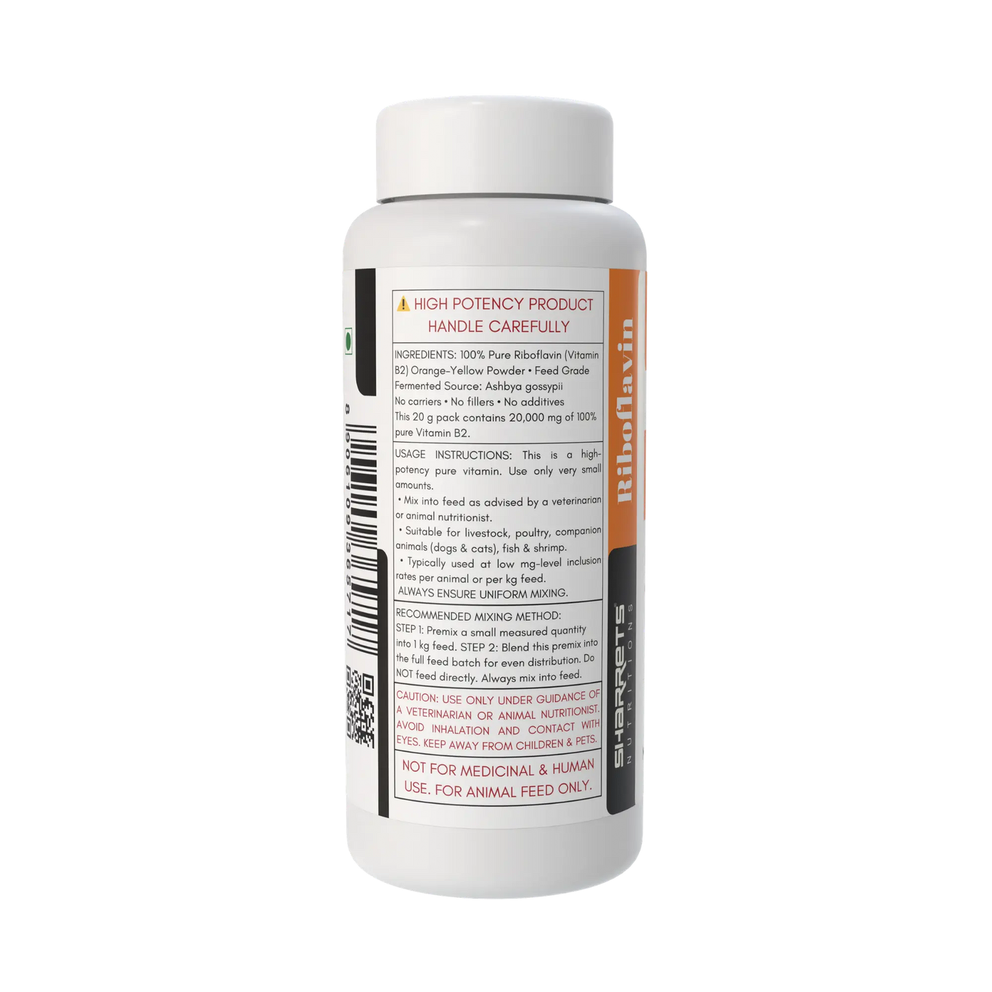 Pure vitamin B2 riboflavin powder for animal feed 20g supplement for livestock poultry aquaculture and companion animals