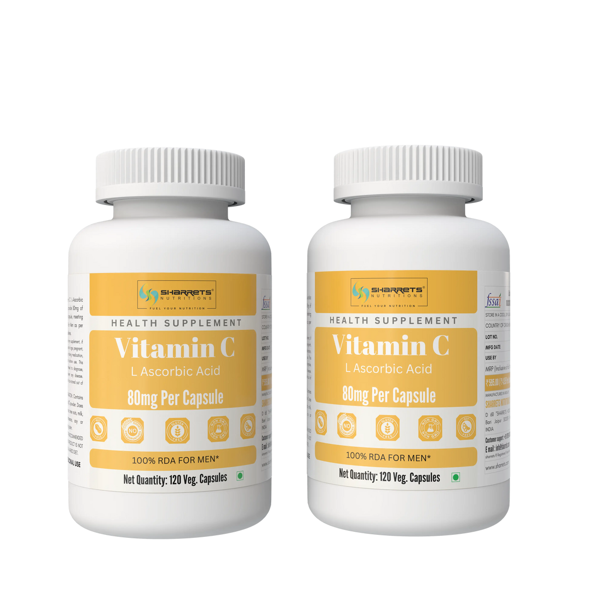 Two white plastic bottles of SHARRETS NUTRITIONS Vitamin C Health Supplement, 80mg per capsule, with yellow labels and white caps, shown on a plain white background.