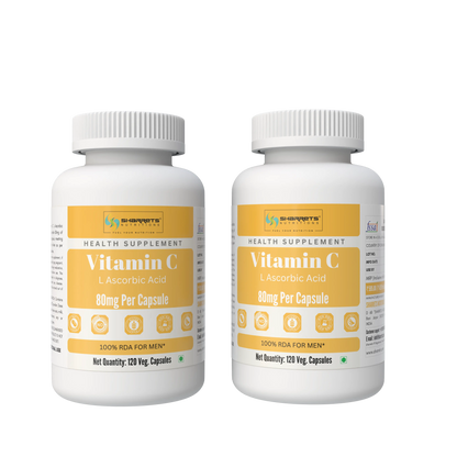 Two white plastic bottles of SHARRETS NUTRITIONS Vitamin C Health Supplement, 80mg per capsule, with yellow labels and white caps, shown on a plain white background.