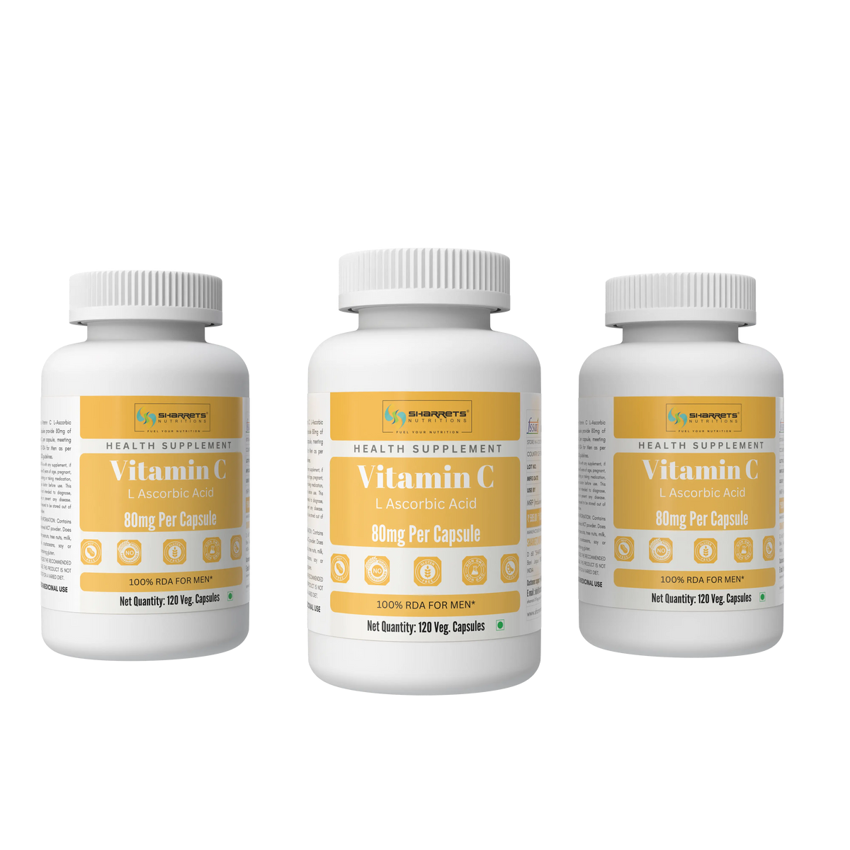 Three white bottles of Health Supplement Vitamin C L-Ascorbic Acid 80mg Per Capsule, arranged side by side on a solid white background.
